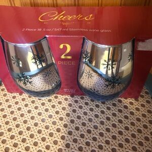 Stemless Wine Glass Set - Silver and Blue snowflake